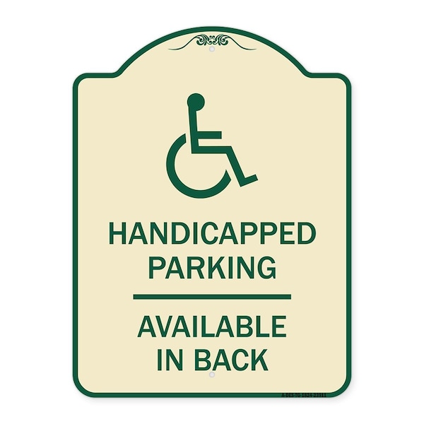Signmission Handicapped Parking Available in Back W/ Graphic Heavy-Gauge Aluminum Sign, 24" x 18", TG-1824-23911 A-DES-TG-1824-23911 - main